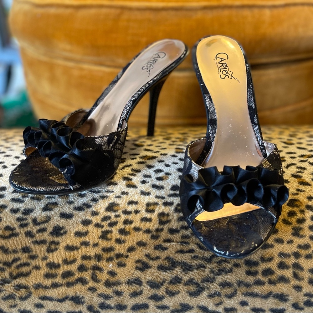 Black lace open toed heels